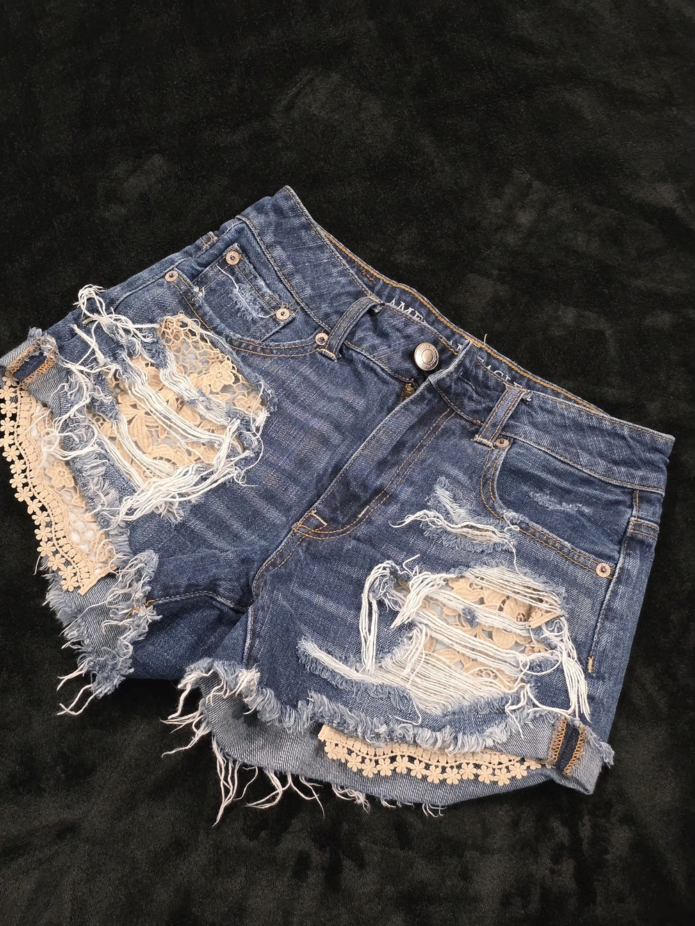 American Eagle Outfitters Distressed Lace-Inset Denim Shorts - Blue